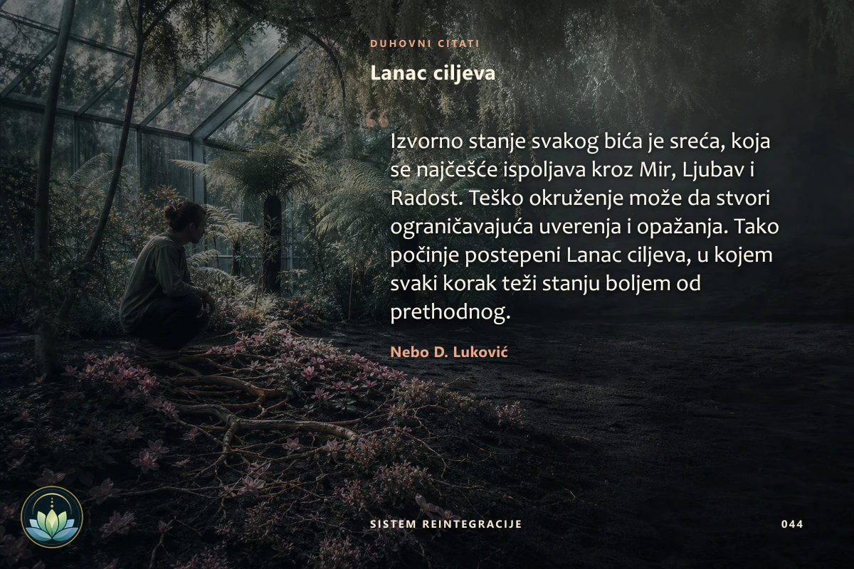 Lanac ciljeva. Izvorno stanje svakog bića je sreća, koja se najčešće ispoljava kroz Mir, Ljubav i Radost. Teško okruženje može da stvori ograničavajuća uverenja i opažanja. Tako počinje postepeni Lanac ciljeva, u kojem svaki korak teži stanju boljem od prethodnog. Nebo D. Luković