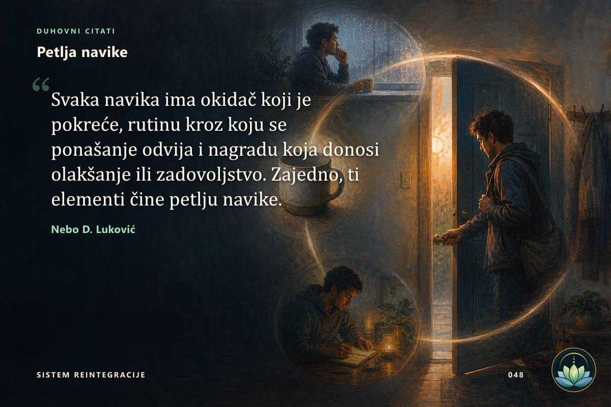 Petlja navike. Svaka navika ima okidač koji je pokreće, rutinu kroz koju se ponašanje odvija i nagradu koja donosi olakšanje ili zadovoljstvo. Zajedno, ti elementi čine petlju navike. Nebo D. Luković
