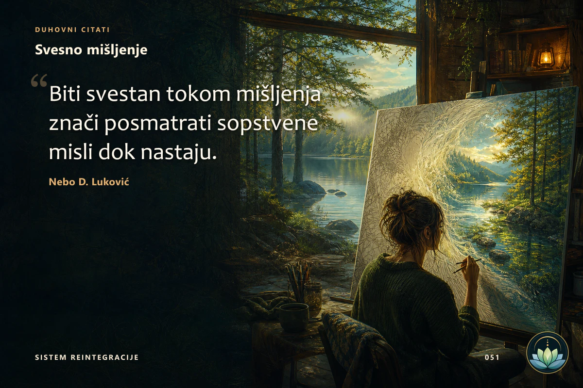 Svesno mišljenje. Biti svestan tokom mišljenja znači posmatrati sopstvene misli dok nastaju. Nebo D. Luković