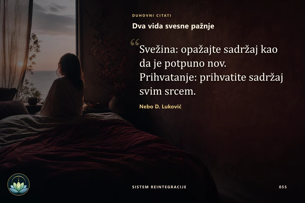 Dva vida svesne pažnje. Svežina: opažajte sadržaj kao da je potpuno nov. Prihvatanje: prihvatite sadržaj svim srcem. Nebo D. Luković