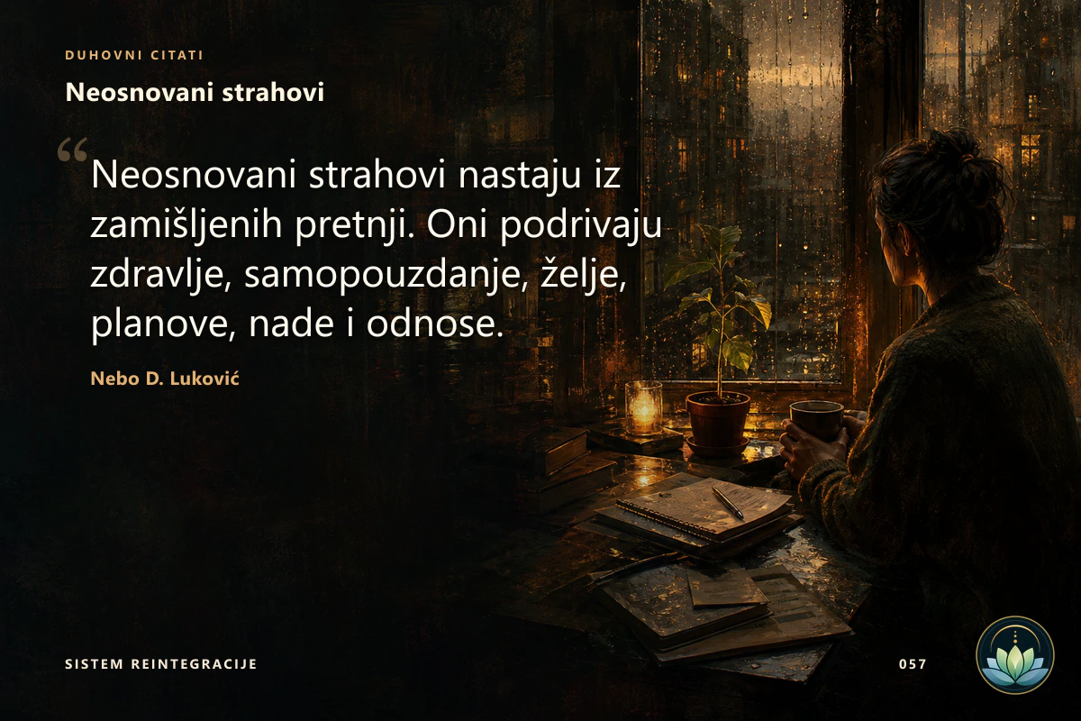 Neosnovani strahovi. Neosnovani strahovi nastaju iz zamišljenih pretnji. Oni podrivaju zdravlje, samopouzdanje, želje, planove, nade i odnose. Nebo D. Luković