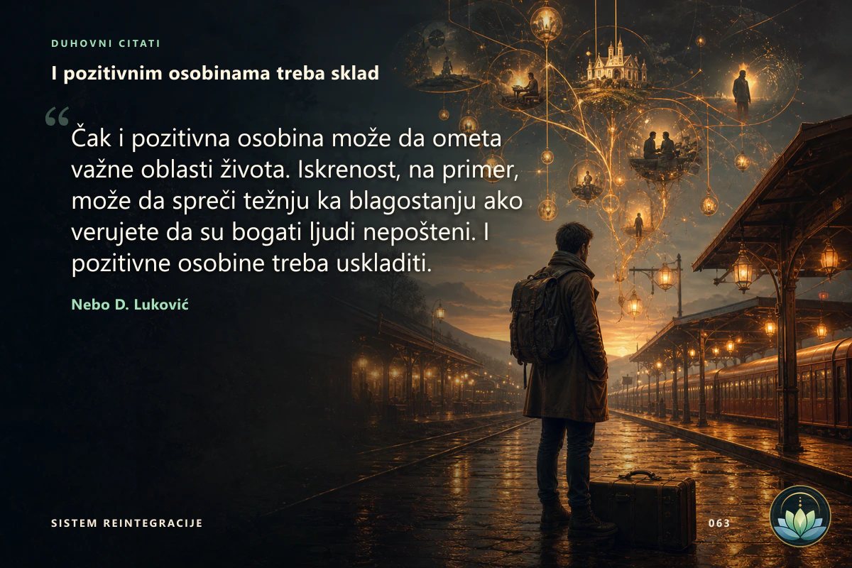 I pozitivnim osobinama treba sklad. Čak i pozitivna osobina može da ometa važne oblasti života. Iskrenost, na primer, može da spreči težnju ka blagostanju ako verujete da su bogati ljudi nepošteni. I pozitivne osobine treba uskladiti. Nebo D. Luković