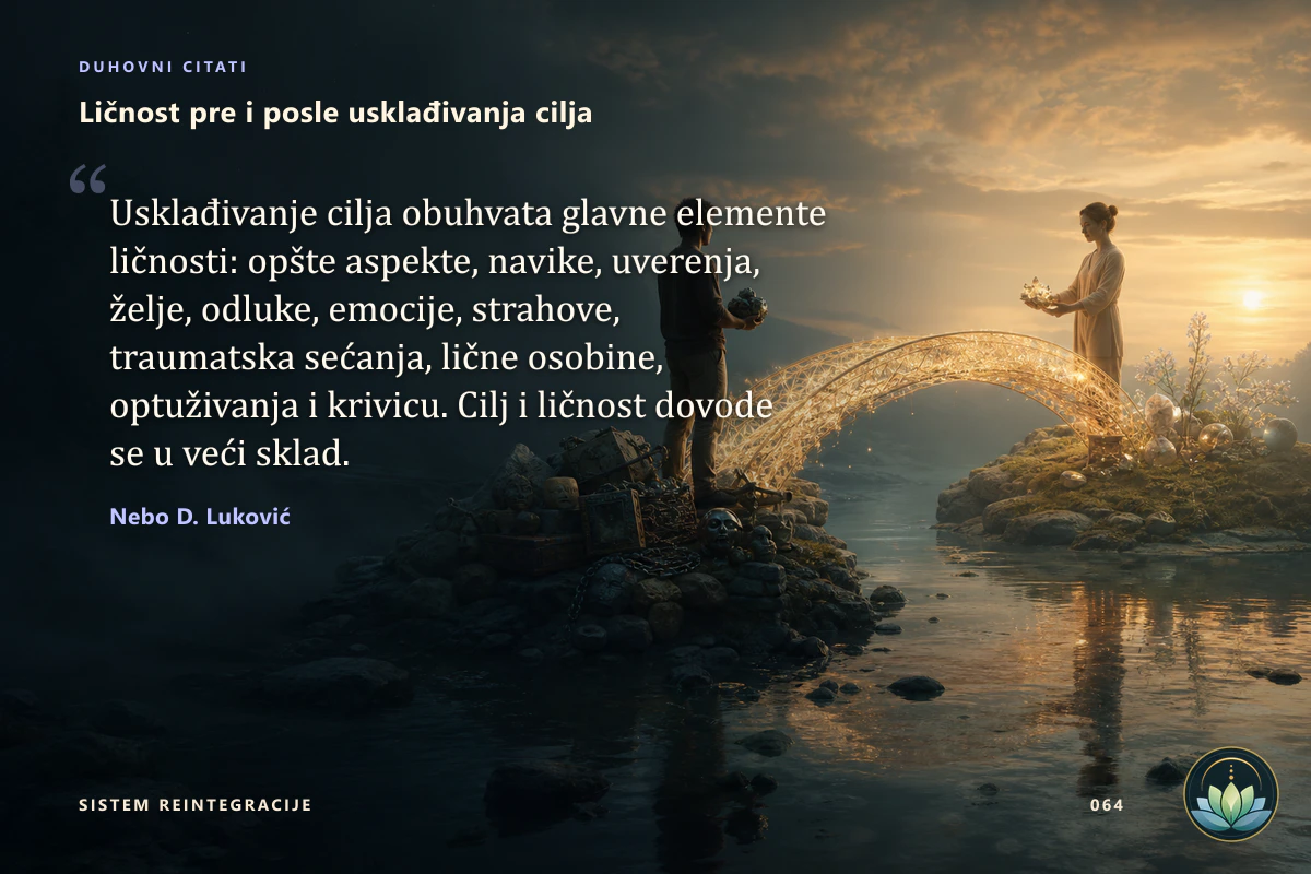 Ličnost pre i posle usklađivanja cilja. Usklađivanje cilja obuhvata glavne elemente ličnosti: opšte aspekte, navike, uverenja, želje, odluke, emocije, strahove, traumatska sećanja, lične osobine, optuživanja i krivicu. Cilj i ličnost dovode se u veći sklad. Nebo D. Luković