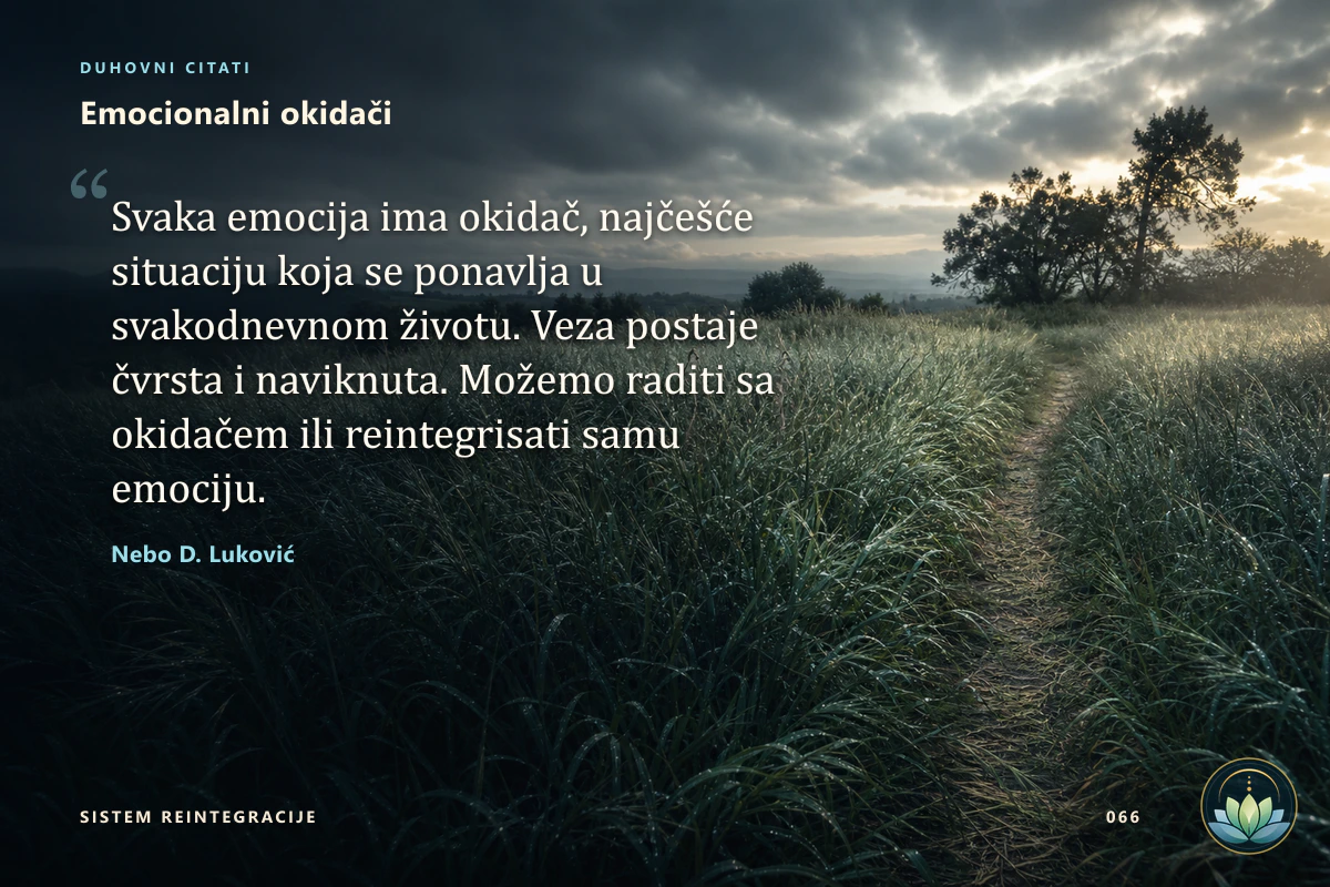 Emocionalni okidači. Svaka emocija ima okidač, najčešće situaciju koja se ponavlja u svakodnevnom životu. Veza postaje čvrsta i naviknuta. Možemo raditi sa okidačem ili reintegrisati samu emociju. Nebo D. Luković