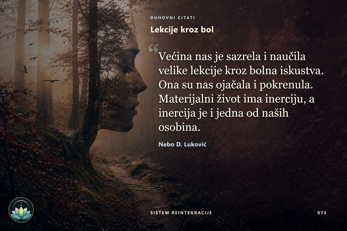 Lekcije kroz bol. Većina nas je sazrela i naučila velike lekcije kroz bolna iskustva. Ona su nas ojačala i pokrenula. Materijalni život ima inerciju, a inercija je i jedna od naših osobina. Nebo D. Luković