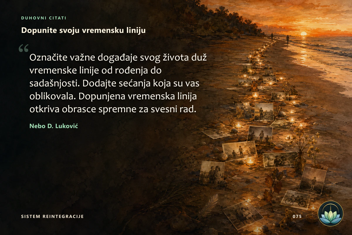 Dopunite svoju vremensku liniju. Označite važne događaje svog života duž vremenske linije od rođenja do sadašnjosti. Dodajte sećanja koja su vas oblikovala. Dopunjena vremenska linija otkriva obrasce spremne za svesni rad. Nebo D. Luković