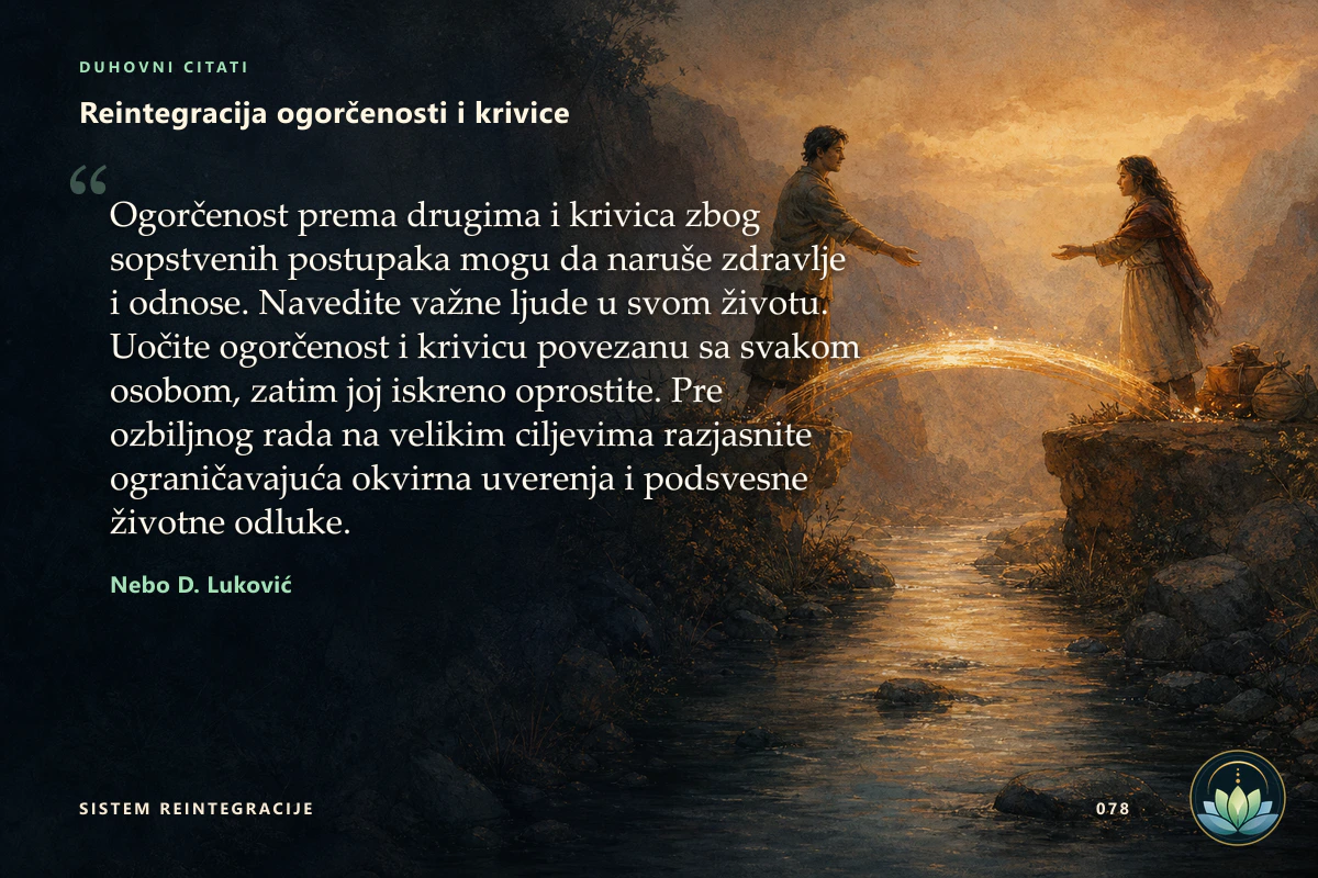 Reintegracija ogorčenosti i krivice. Ogorčenost prema drugima i krivica zbog sopstvenih postupaka mogu da naruše zdravlje i odnose. Navedite važne ljude u svom životu. Uočite ogorčenost i krivicu povezanu sa svakom osobom, zatim joj iskreno oprostite. Pre ozbiljnog rada na velikim ciljevima razjasnite ograničavajuća okvirna uverenja i podsvesne životne odluke. Nebo D. Luković