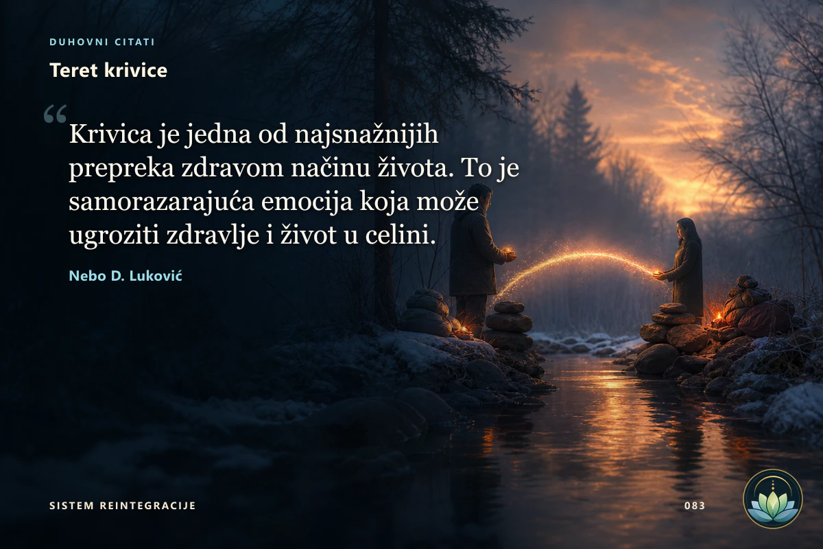 Teret krivice. Krivica je jedna od najsnažnijih prepreka zdravom načinu života. To je samorazarajuća emocija koja može ugroziti zdravlje i život u celini. Nebo D. Luković