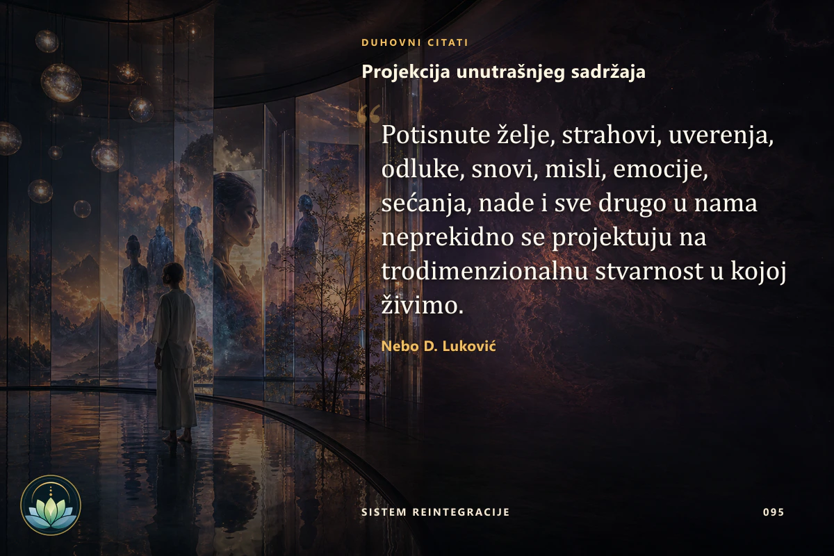 Projekcija unutrašnjeg sadržaja. Potisnute želje, strahovi, uverenja, odluke, snovi, misli, emocije, sećanja, nade i sve drugo u nama neprekidno se projektuju na trodimenzionalnu stvarnost u kojoj živimo. Nebo D. Luković