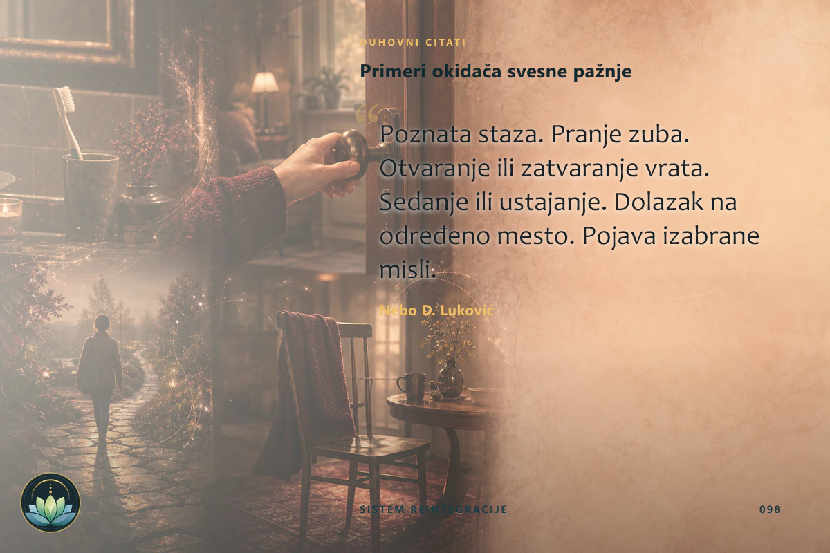 Primeri okidača svesne pažnje. Poznata staza. Pranje zuba. Otvaranje ili zatvaranje vrata. Sedanje ili ustajanje. Dolazak na određeno mesto. Pojava izabrane misli. Nebo D. Luković