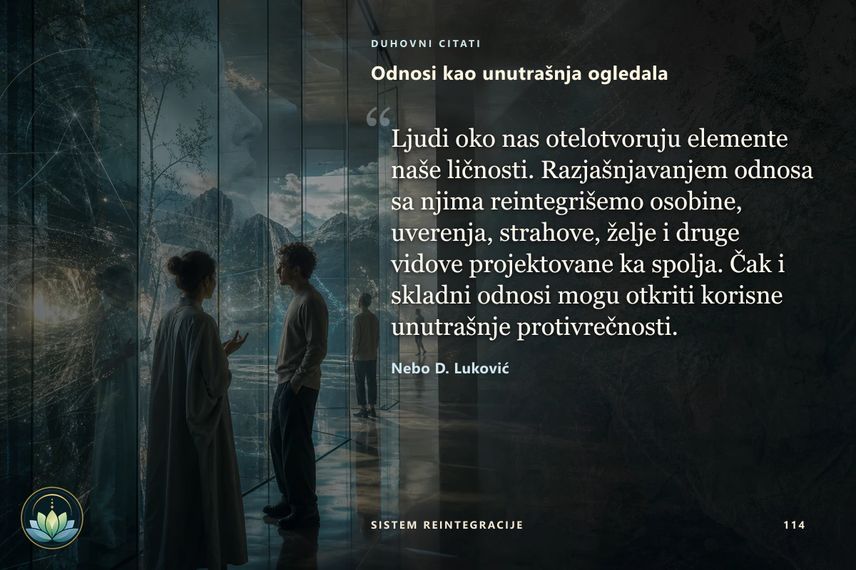 Odnosi kao unutrašnja ogledala. Ljudi oko nas otelotvoruju elemente naše ličnosti. Razjašnjavanjem odnosa sa njima reintegrišemo osobine, uverenja, strahove, želje i druge vidove projektovane ka spolja. Čak i skladni odnosi mogu otkriti korisne unutrašnje protivrečnosti. Nebo D. Luković