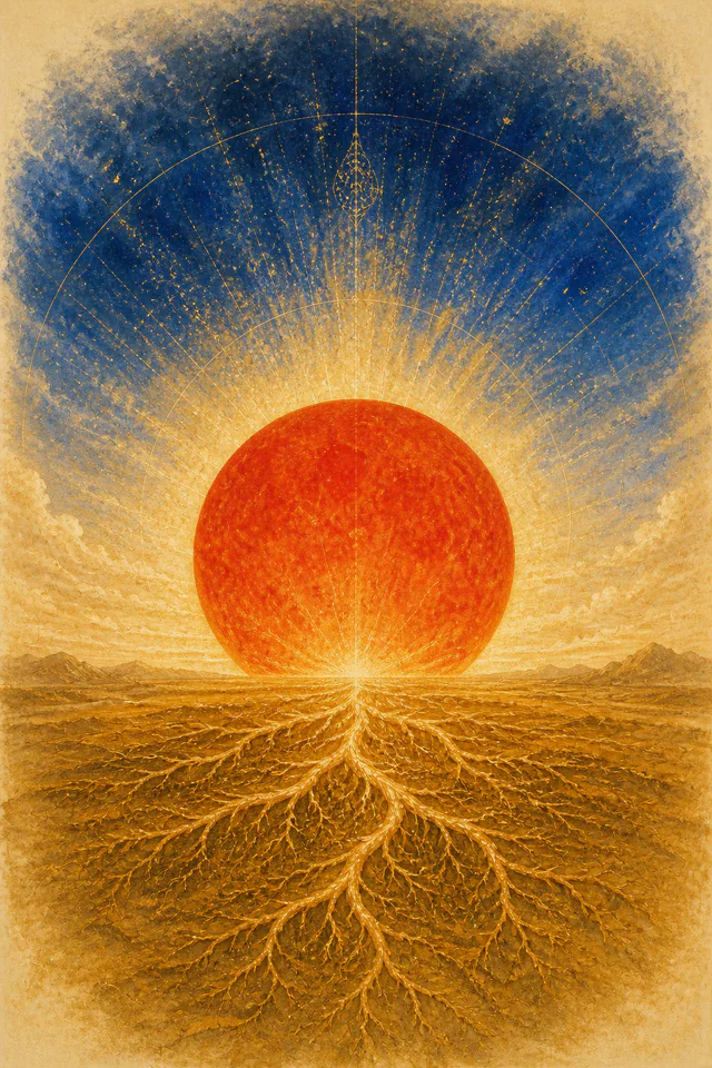Detaljna simbolička ilustracija za obojenu trijadu Triadika™ CCC, Crveno sunce.