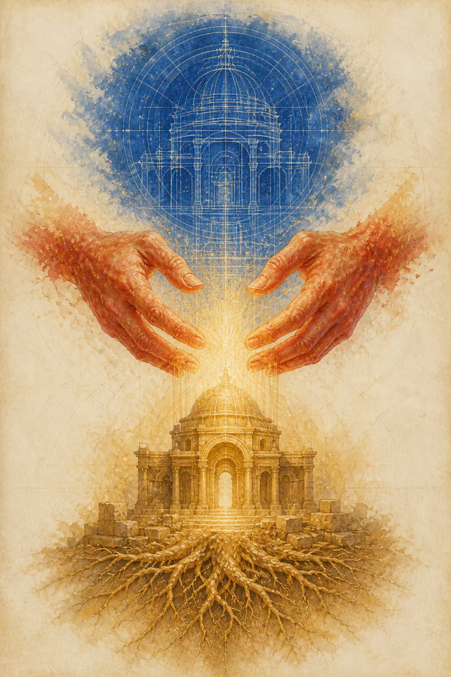 Detaljna simbolička ilustracija za obojenu trijadu Triadika™ CPŽ, Ideja u rukama.