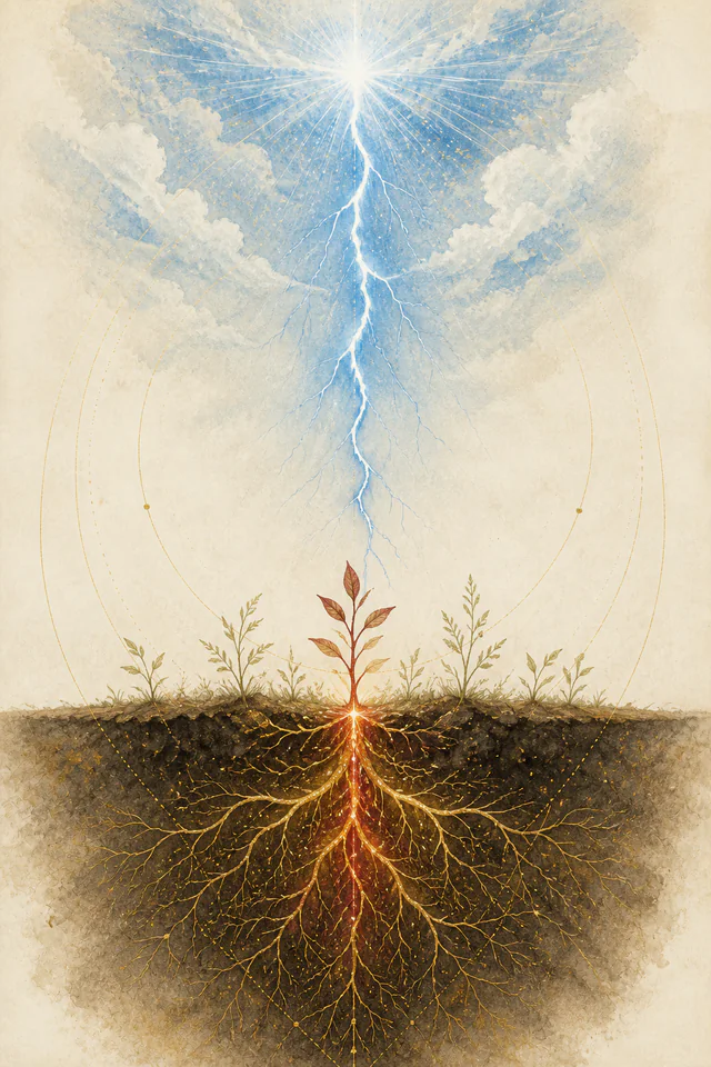 Detaljna simbolička ilustracija za obojenu trijadu Triadika™ PPŽ, Silazak ideje.
