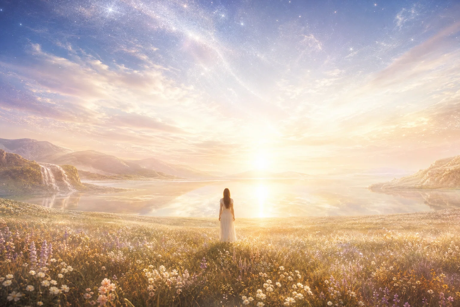 A human presence rests within a luminous field of divine wholeness