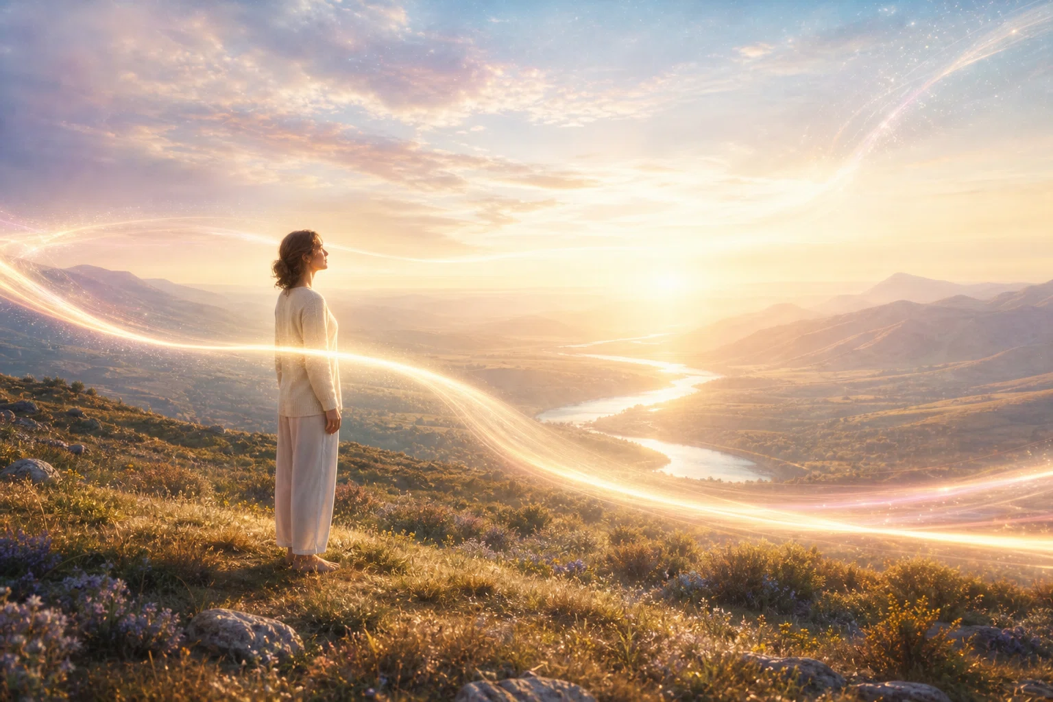 An unbroken current of awareness shines through a calm inner landscape