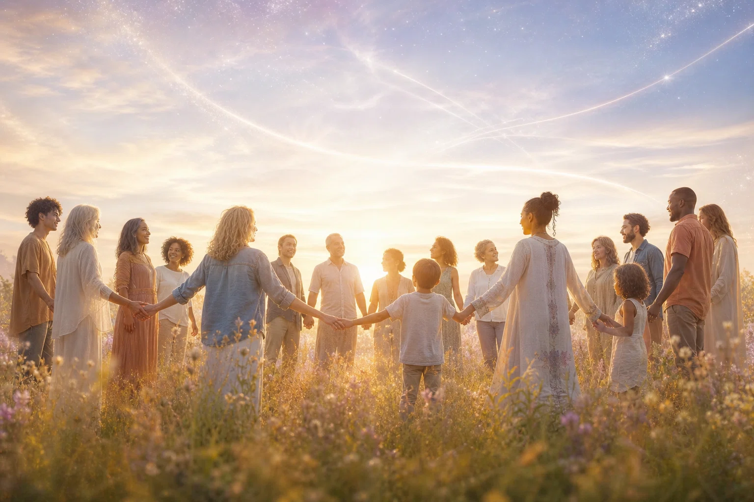 Warm light links many beings in one undivided movement of love