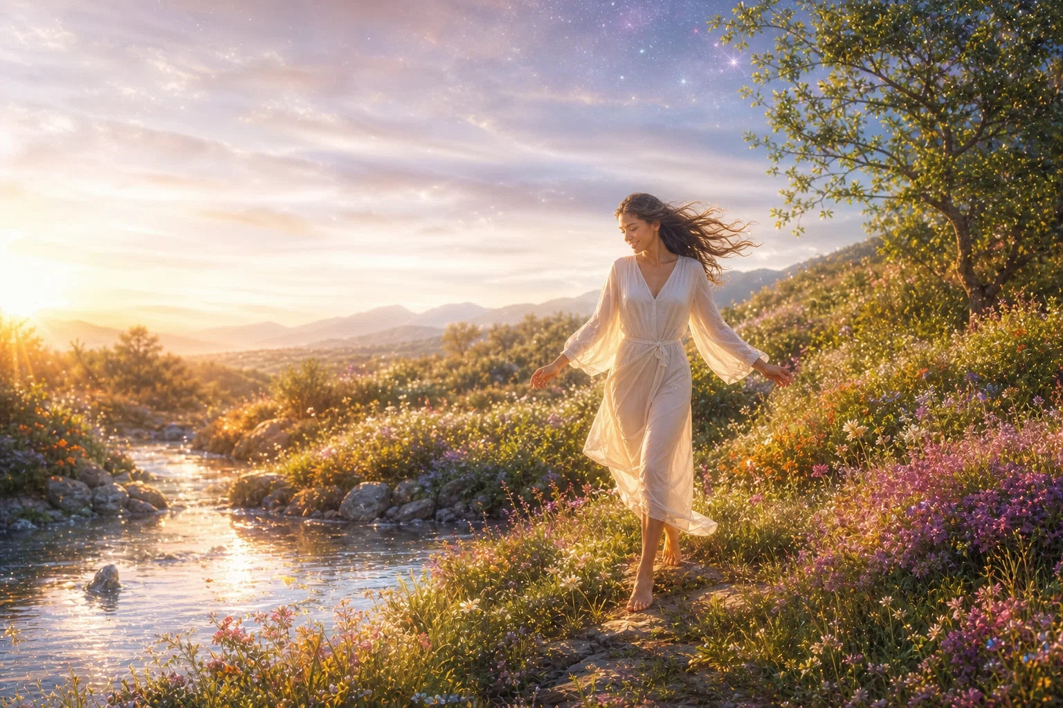 Joy radiates through a bright cosmic garden as the fullness of existence