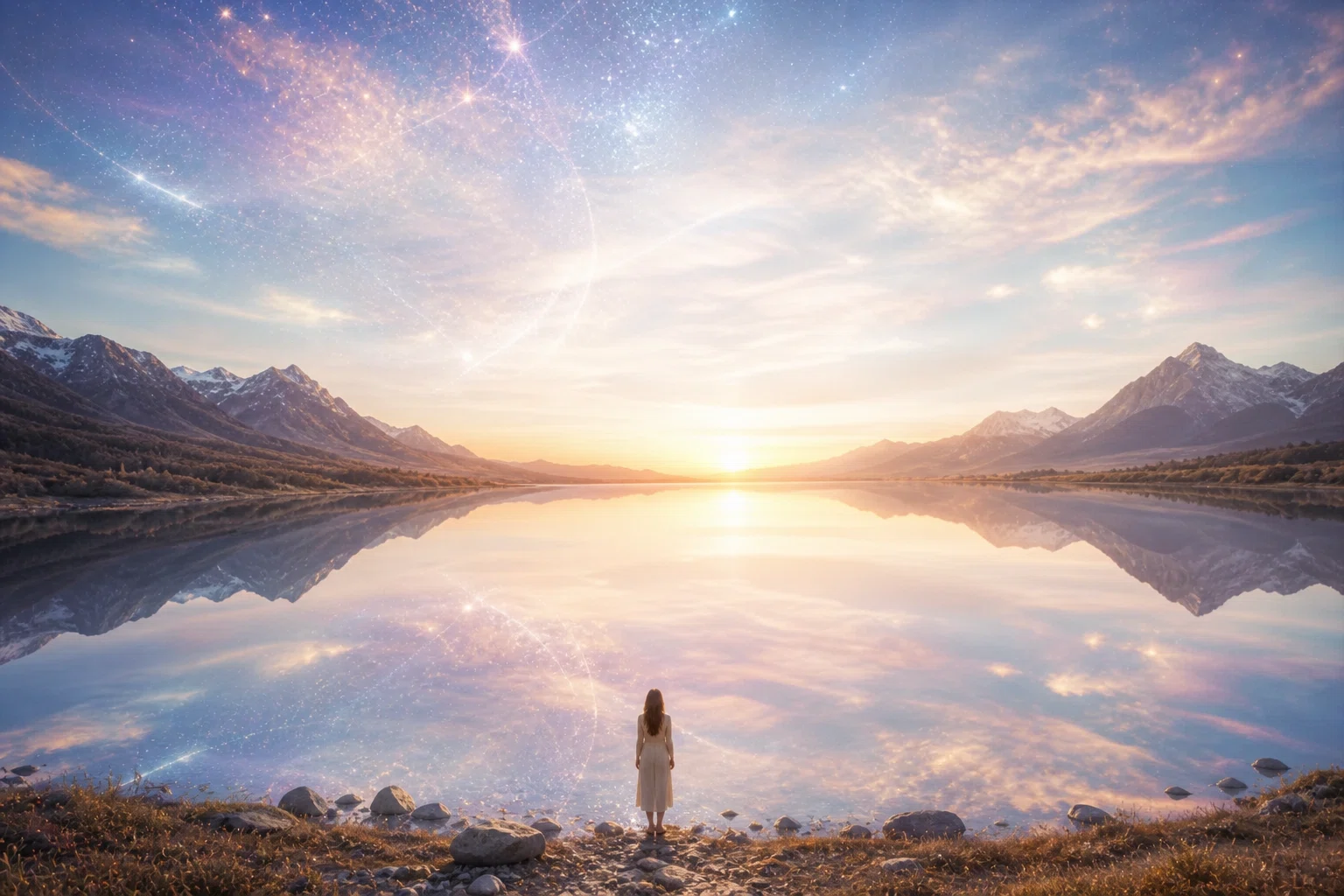 A perfectly still lake reflects an infinite living sky