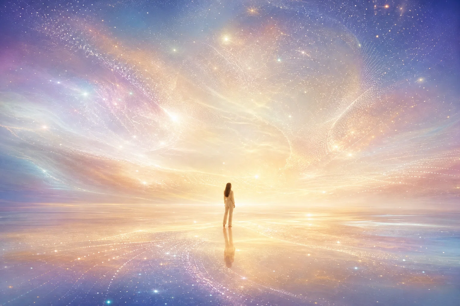 A human figure appears as a thought of love within a boundless divine mind