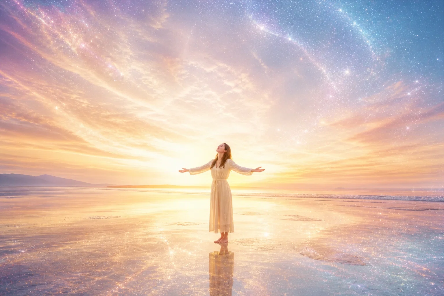 A serene being remembers home within infinite light and belonging